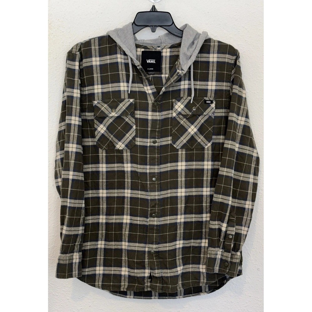 Vans Houser Snap Button-Down Shirt Hoodie Mens XL, Green Blue Plaid Skater